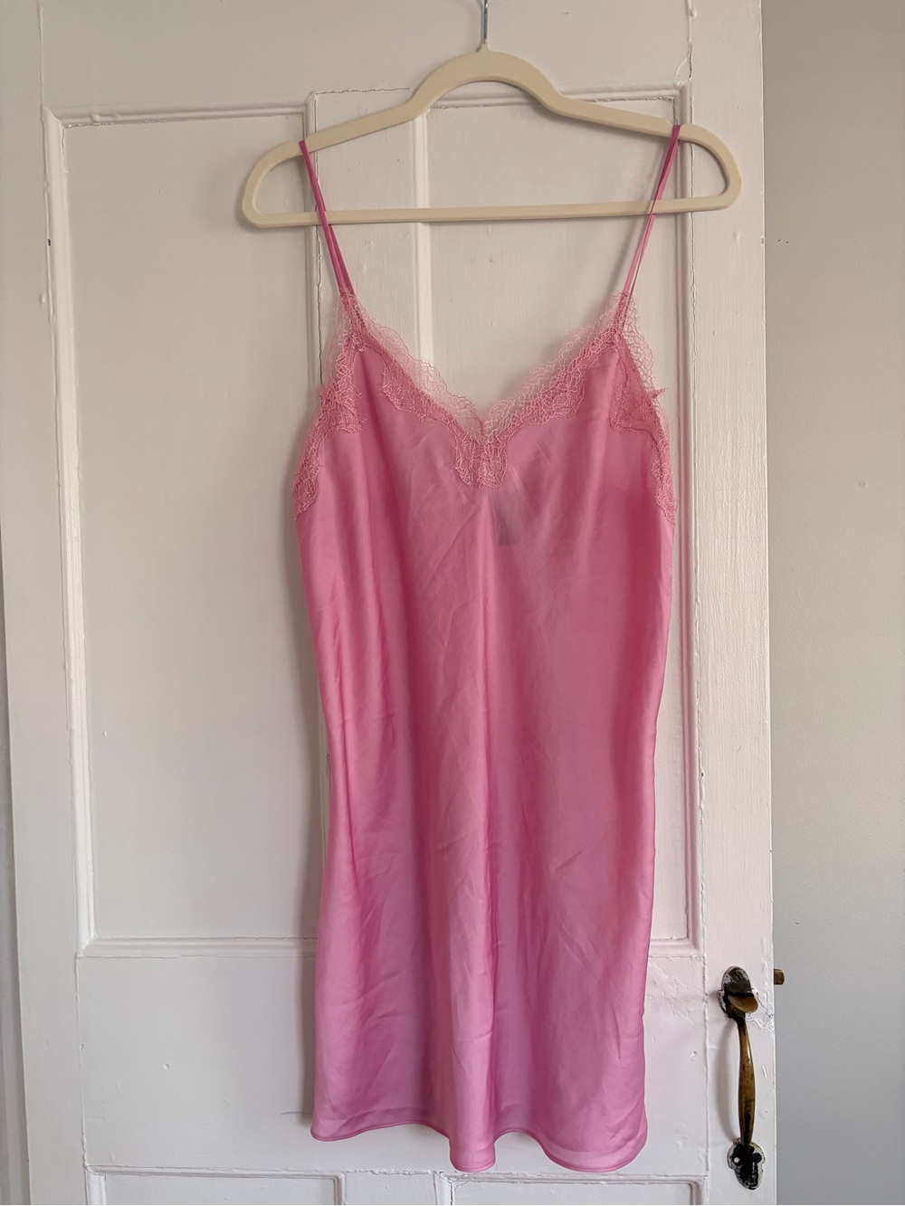 Lace-Trim Pink Satin Slip Dress